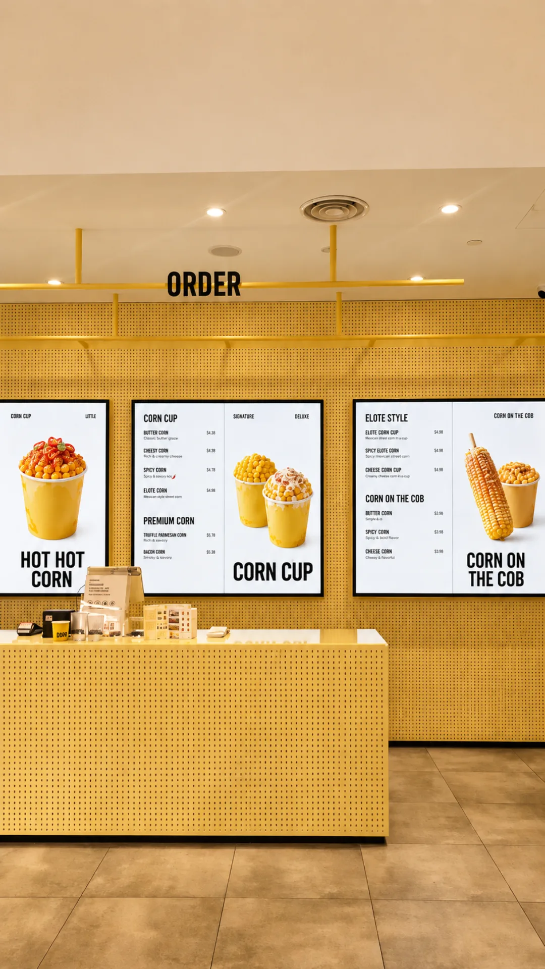 Front view of a restaurant counter and three digital corn menus