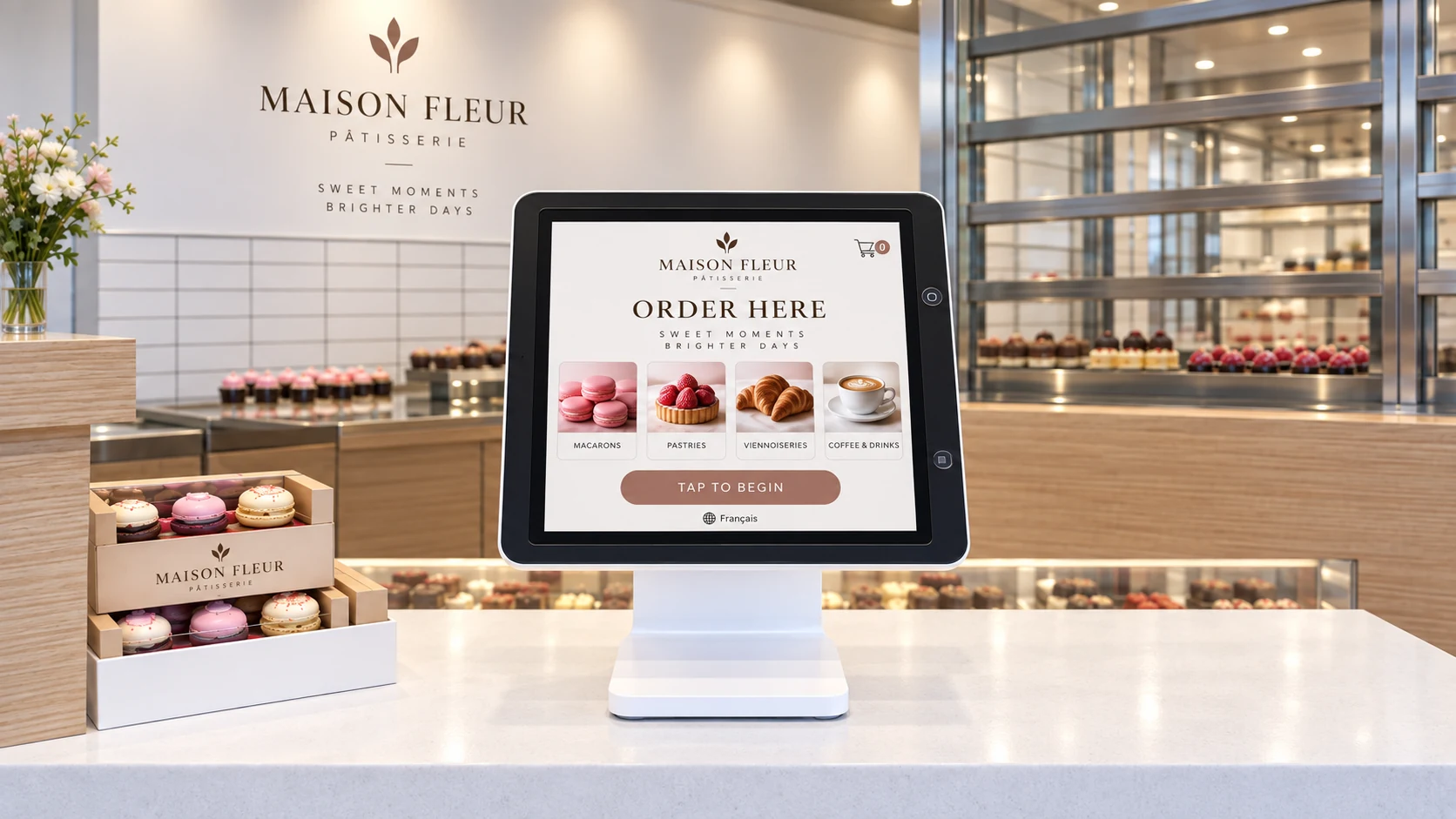 Wide view of a Maison Fleur ordering kiosk beside macarons and the patisserie display counter