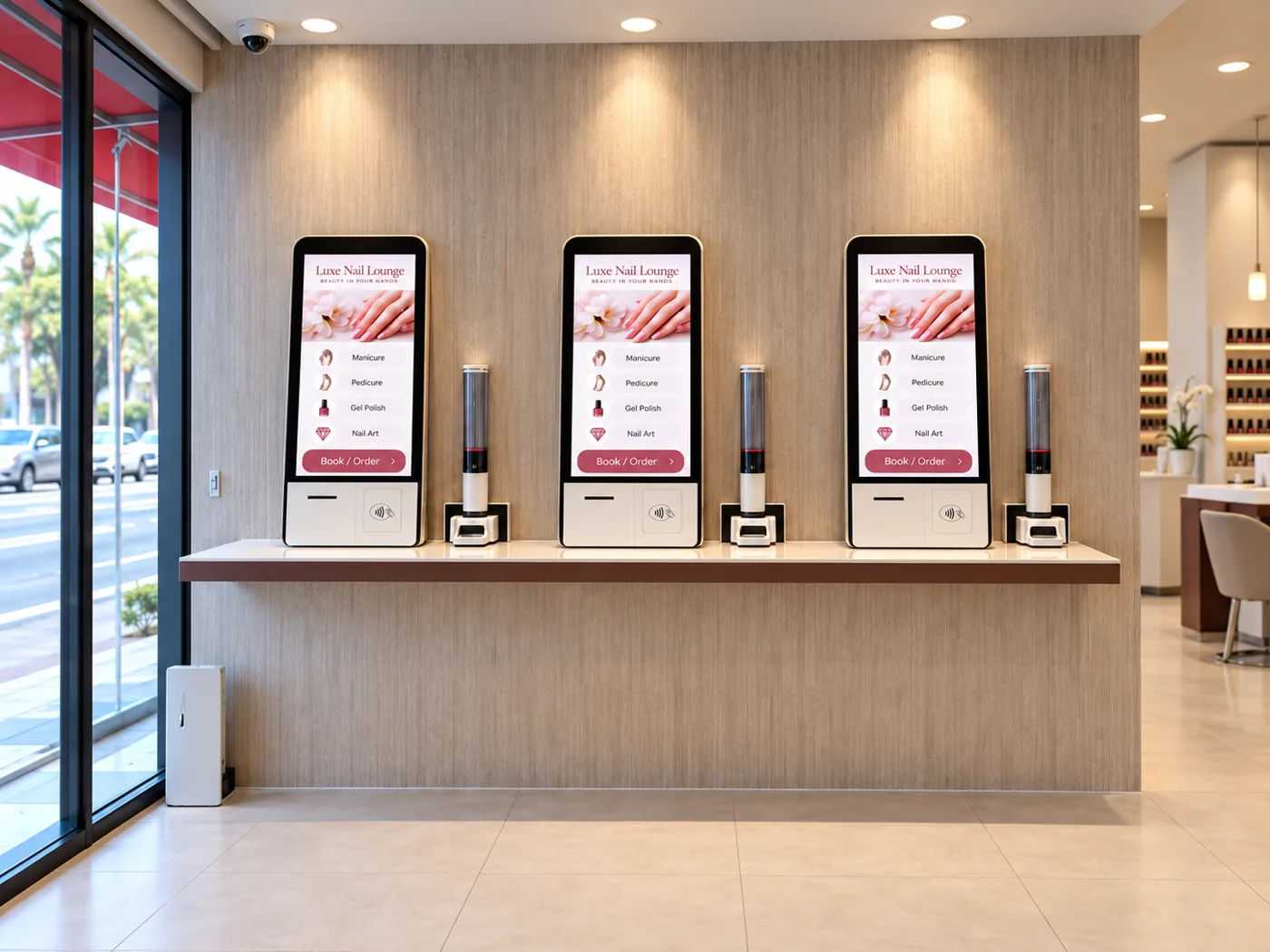 Front view of three self-service nail salon kiosks