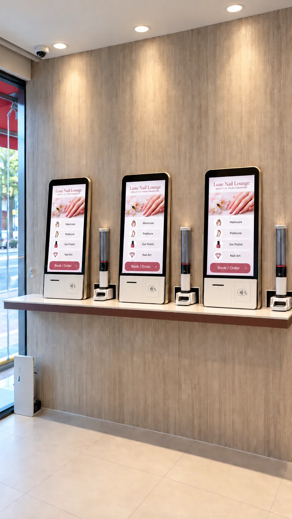 Portrait view of a nail salon kiosk wall and customer walkway